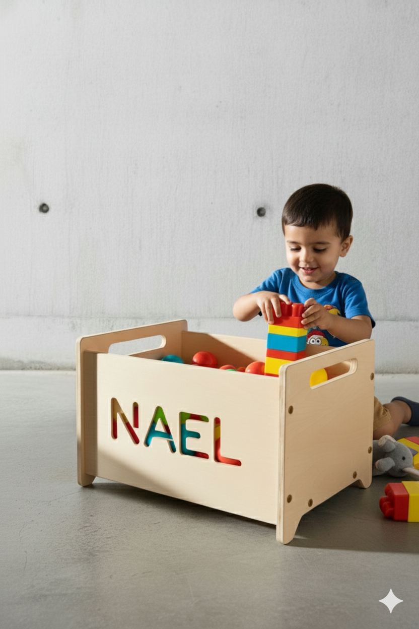 Montessori Wooden Toy Storage Box with Handles - Natural PlyWood Finish