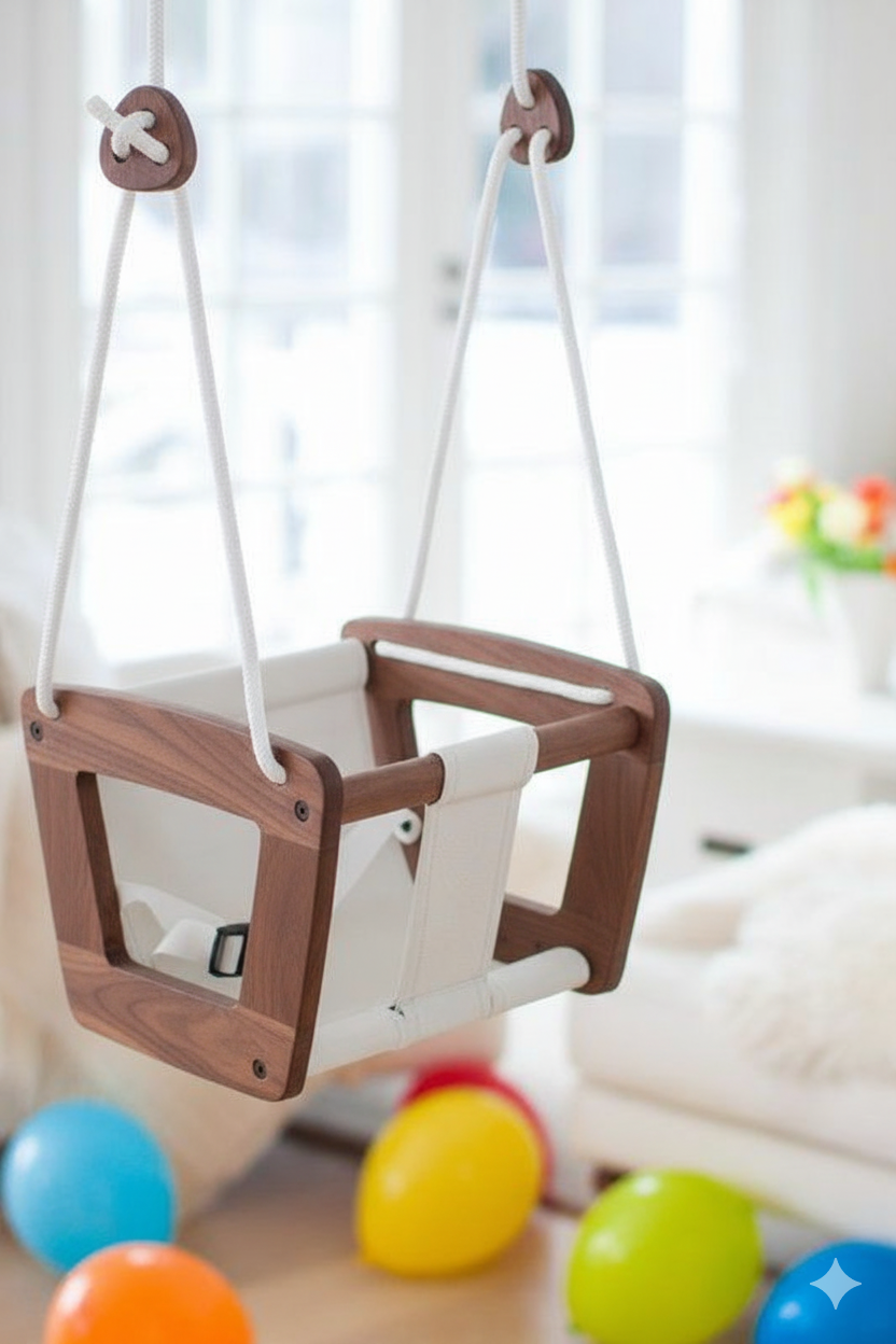 Luxurious Wooden Baby Swing with Safety Harness - Indoor/Outdoor Fun