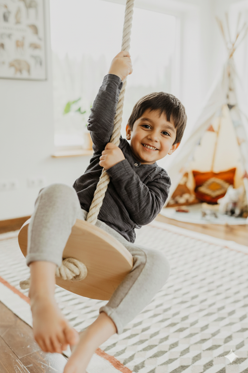 Handmade Wooden Rope Swing – Minimalist Indoor Seat for Kids