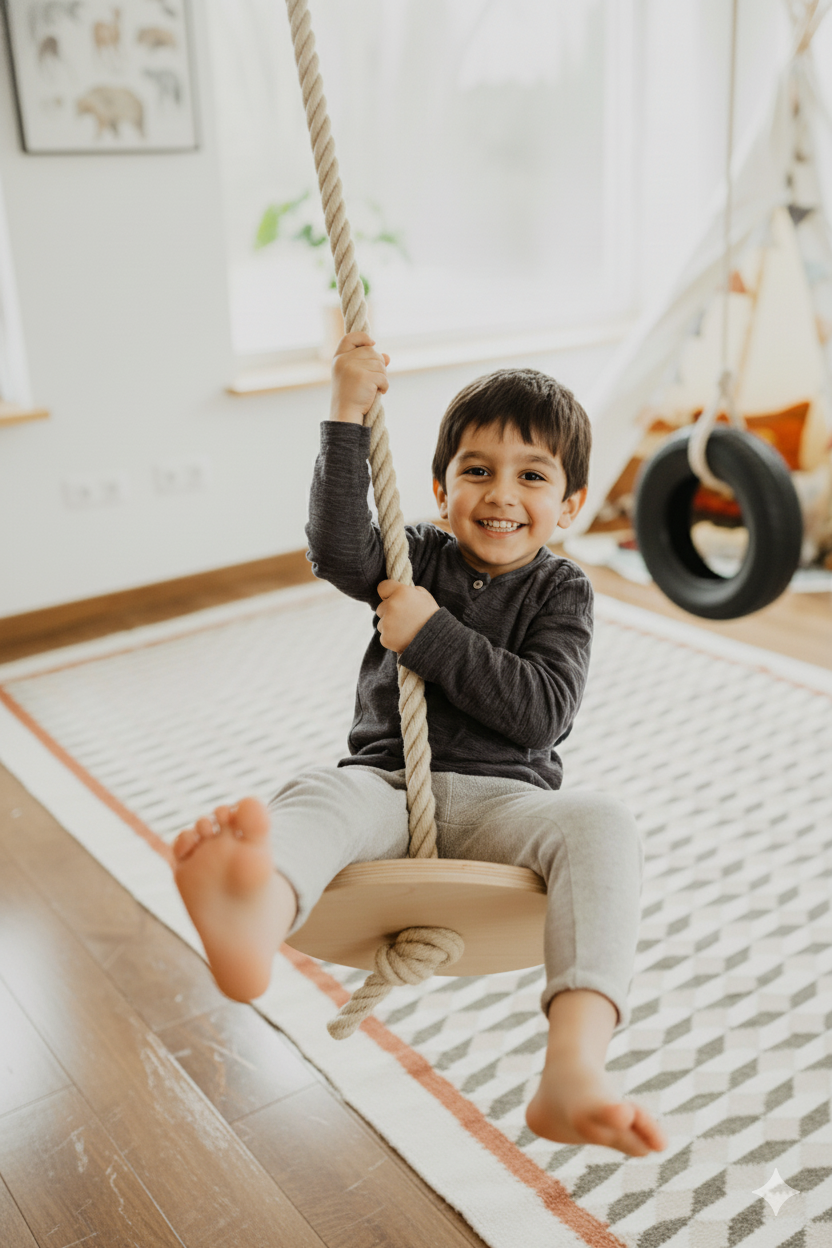 Handmade Wooden Rope Swing – Minimalist Indoor Seat for Kids